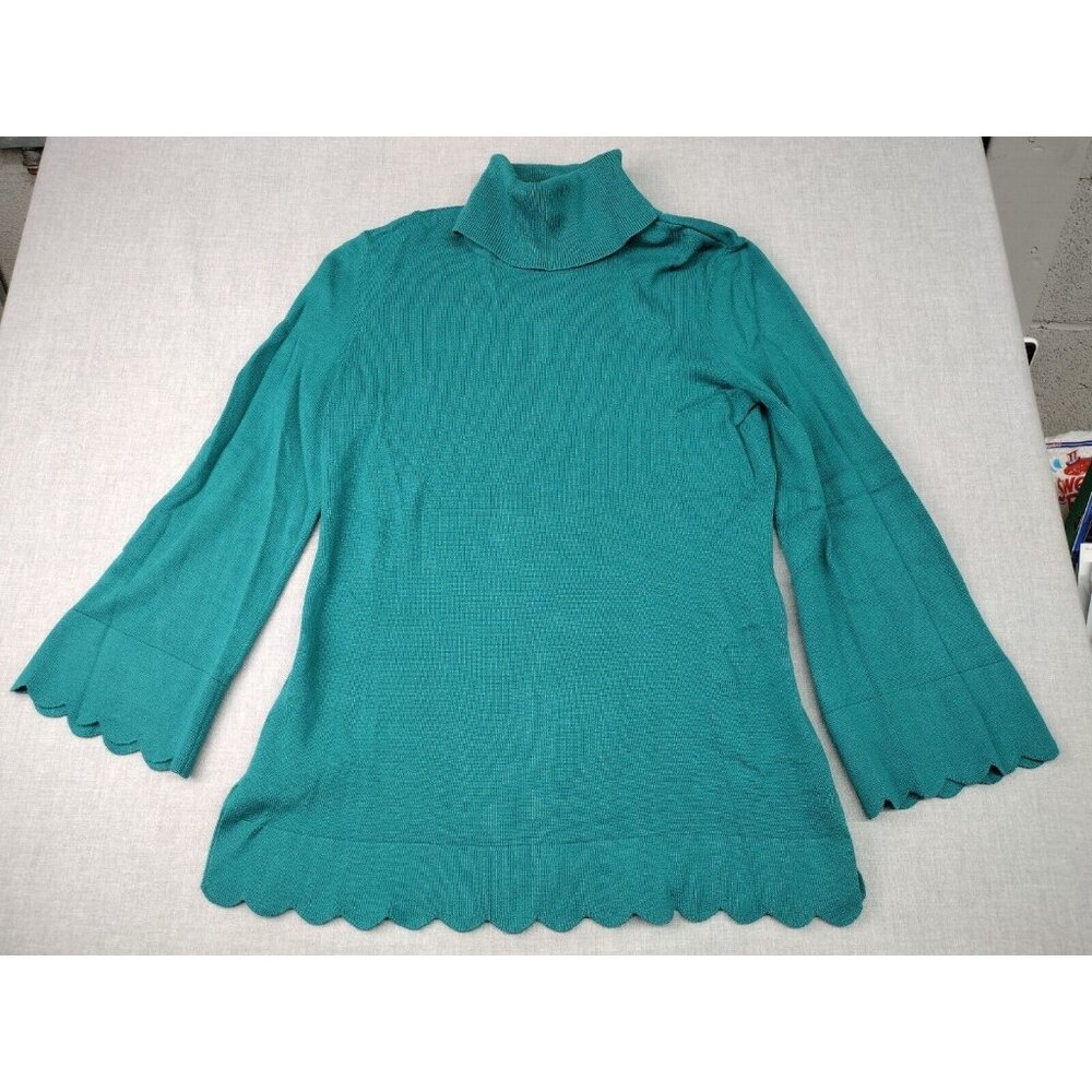 Isaac Mizrahi Live Women's Turquoise Turtleneck Sweater Bell Sleeve Scalloped XS